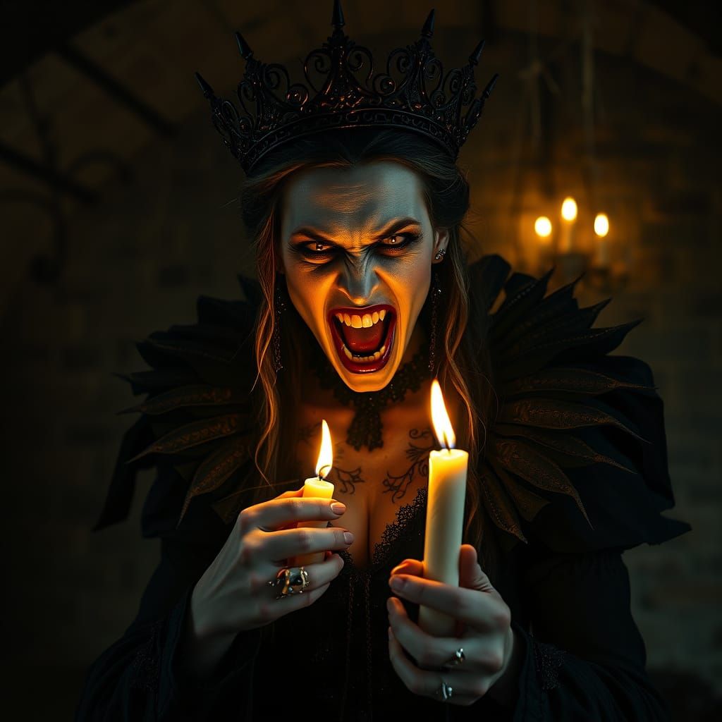 Gothic Vampire Queen in Fiery Rage, Dark Castle Background