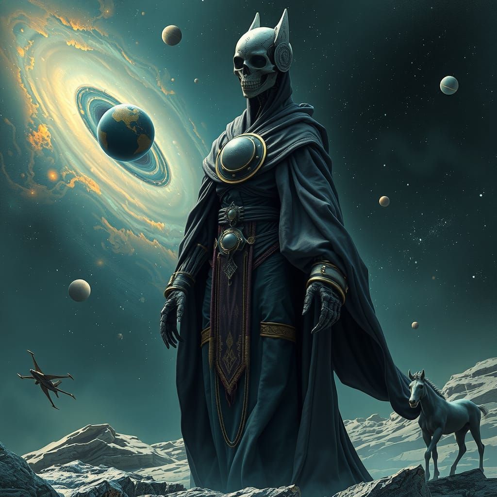 Cosmic Horror Mech Librarian Guiding Celestial Bodies