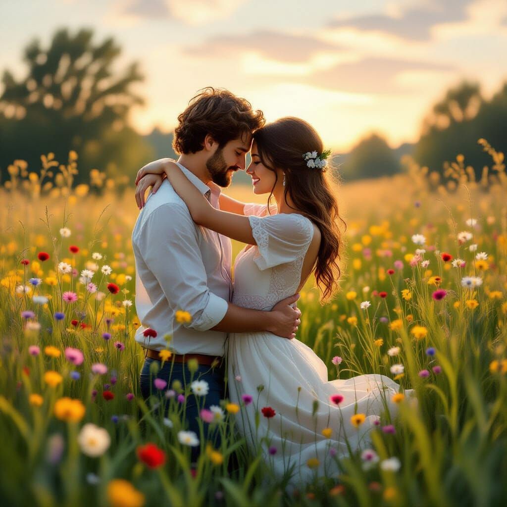 Romantic Embrace in a Dreamlike Meadow