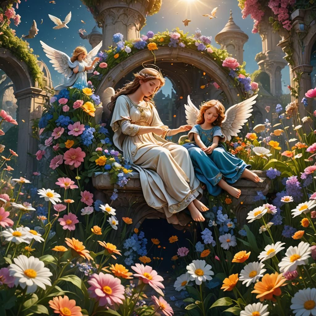 Angel Sleeps in a Heavenly Flower Garden