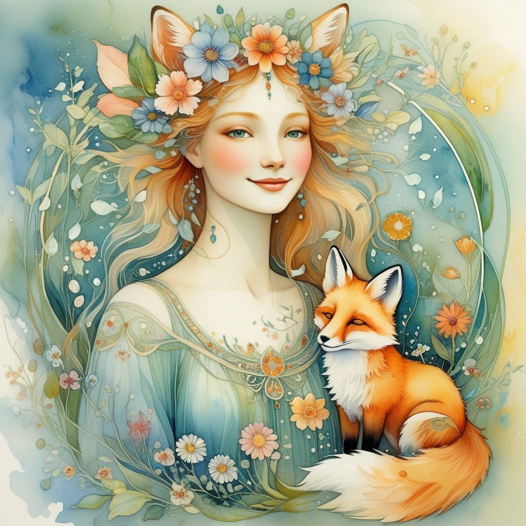 Celestial Fox Goddess in Art Nouveau Watercolor