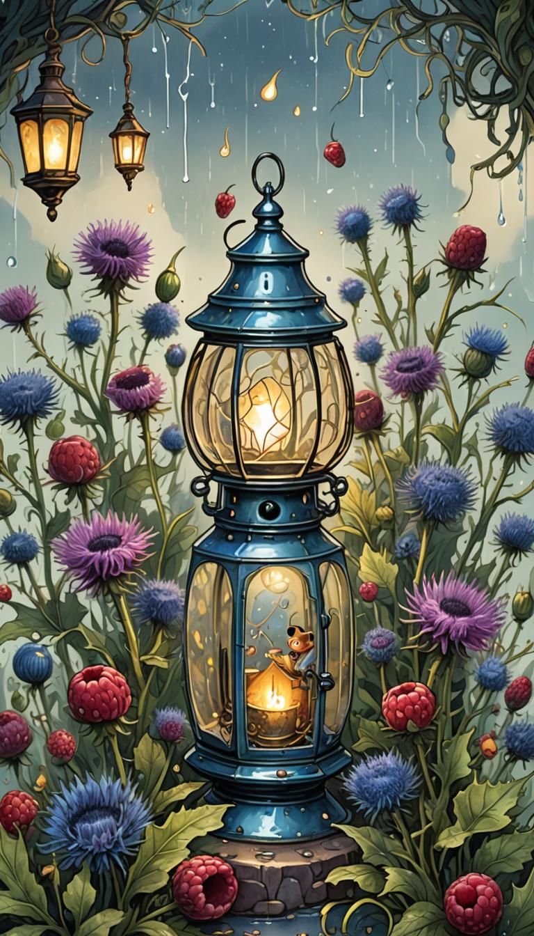 Whimsical World with Thistles and Mouse, Watercolor Style