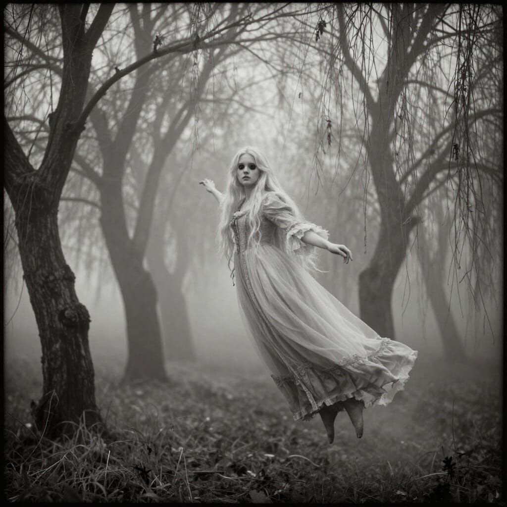 Ghost Teen Girl in Foggy Grove Daguerreotype Style