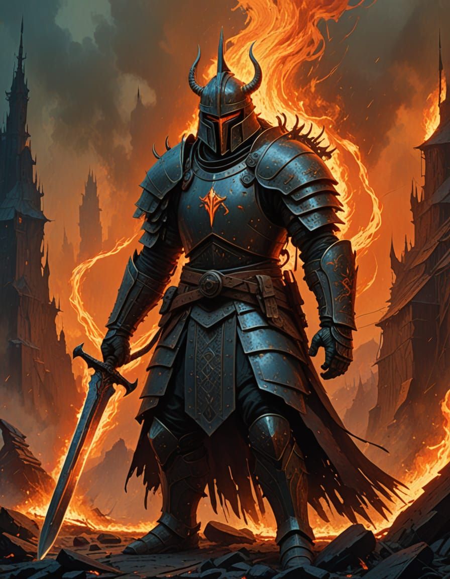 Medieval Fantasy Warrior Wields Flaming Sword in a Vivid, My...