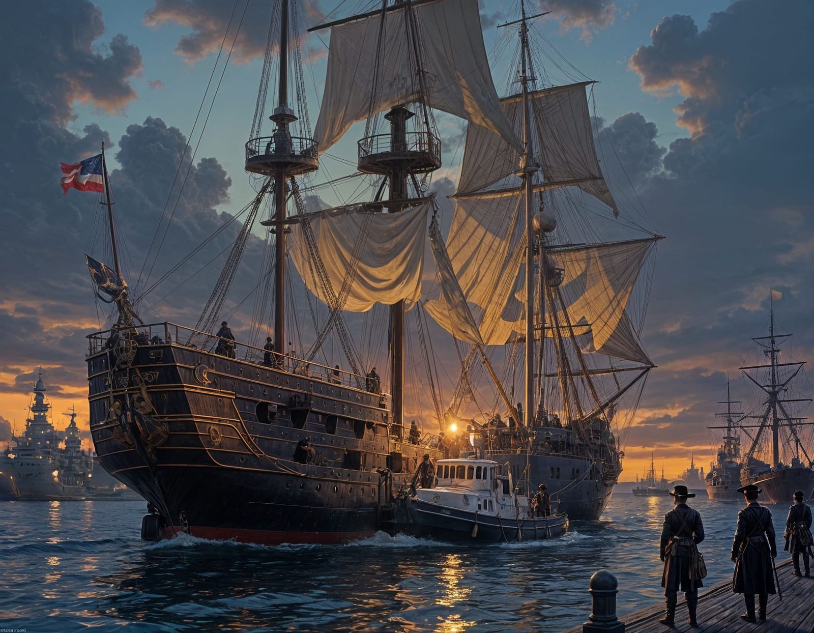 Warship and Tugboat in Port, Sailors in Mixed Eras