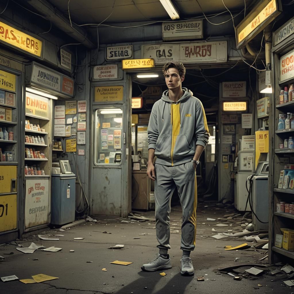 Hourglass Figure at Rundown Gas Station in Gritty Style