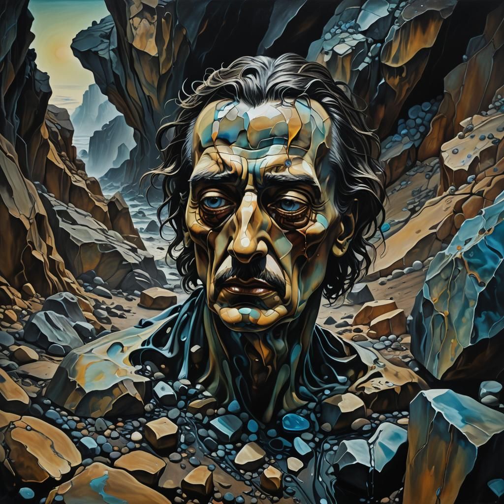 Surreal Weeping Figure Surrounded by Singing Rocks