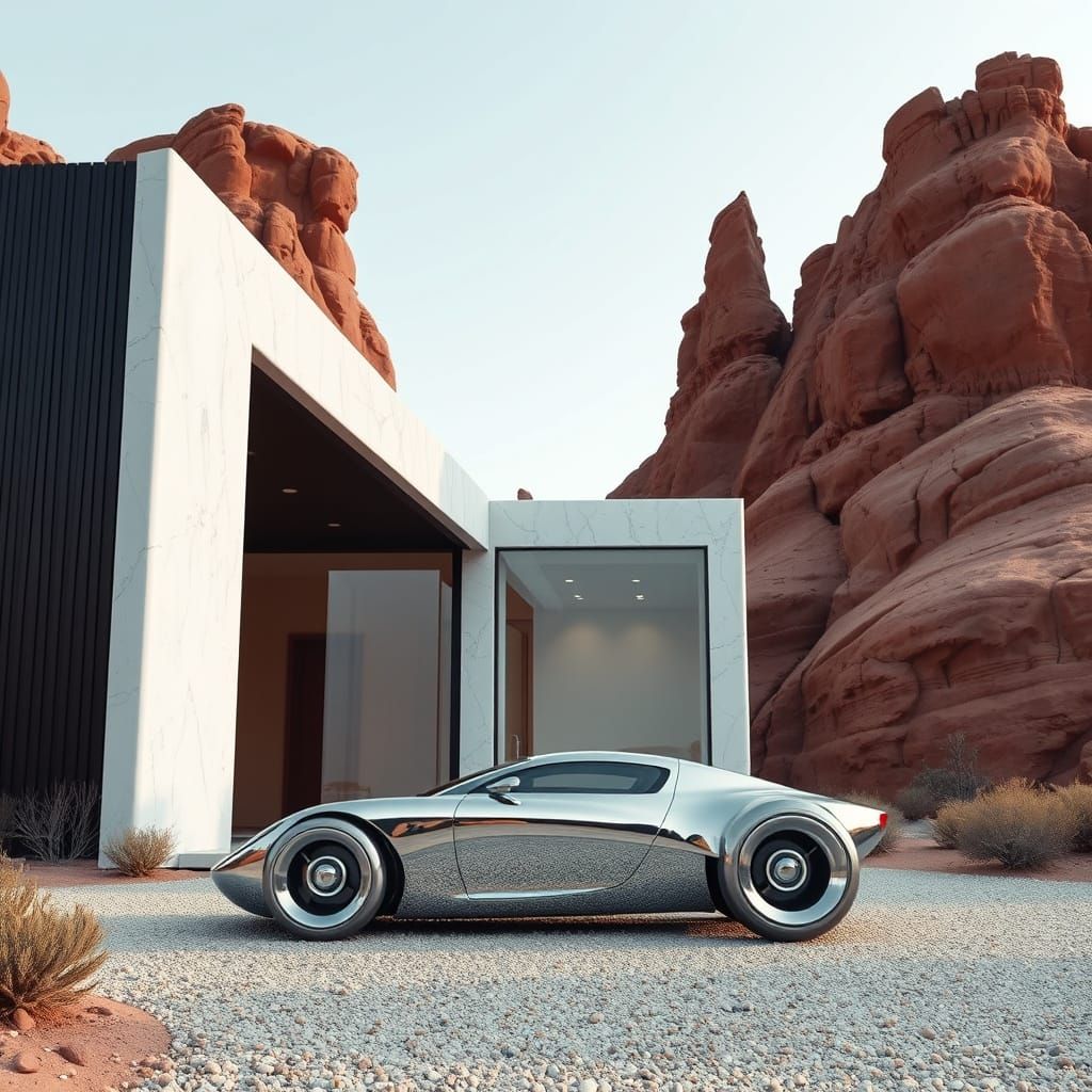 Modern Desert Retreat with Futuristic Chrome Vehicle