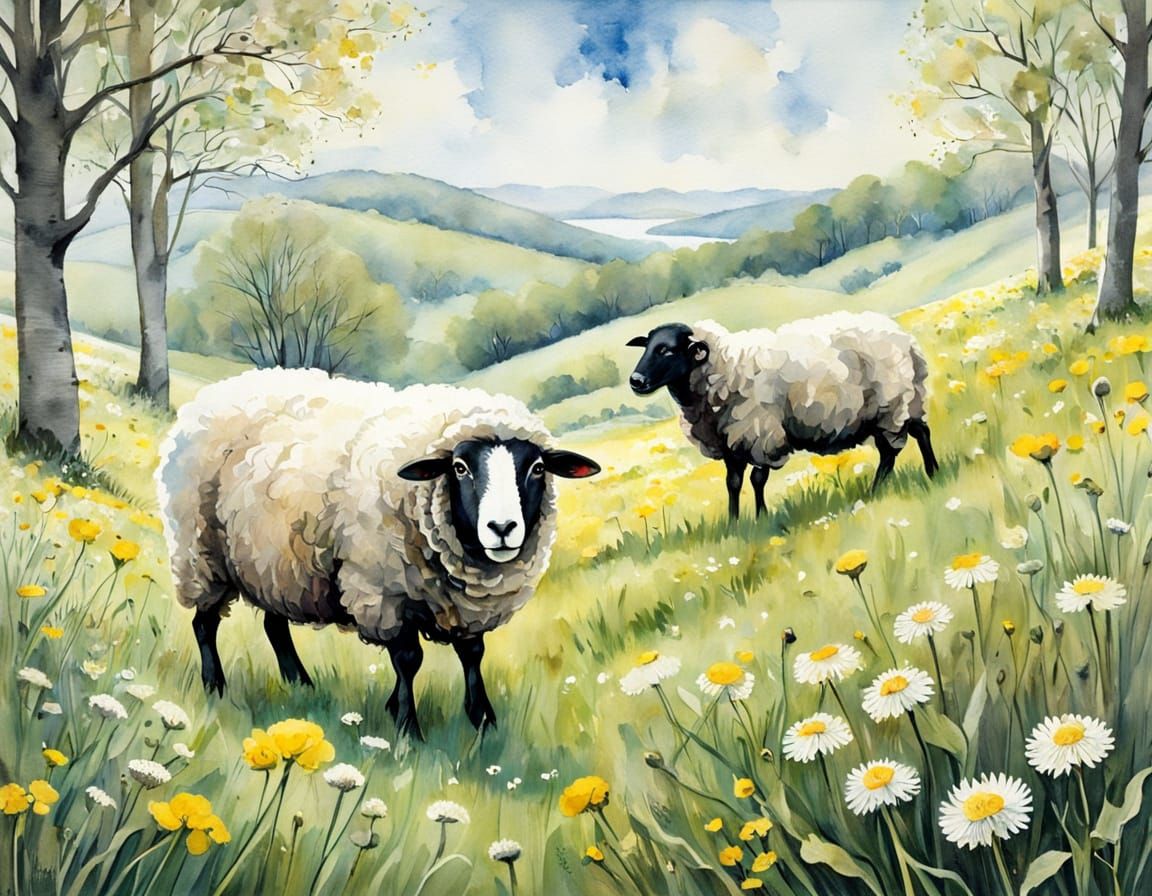 Sheep Graze in Meadow, Watercolor Painting
