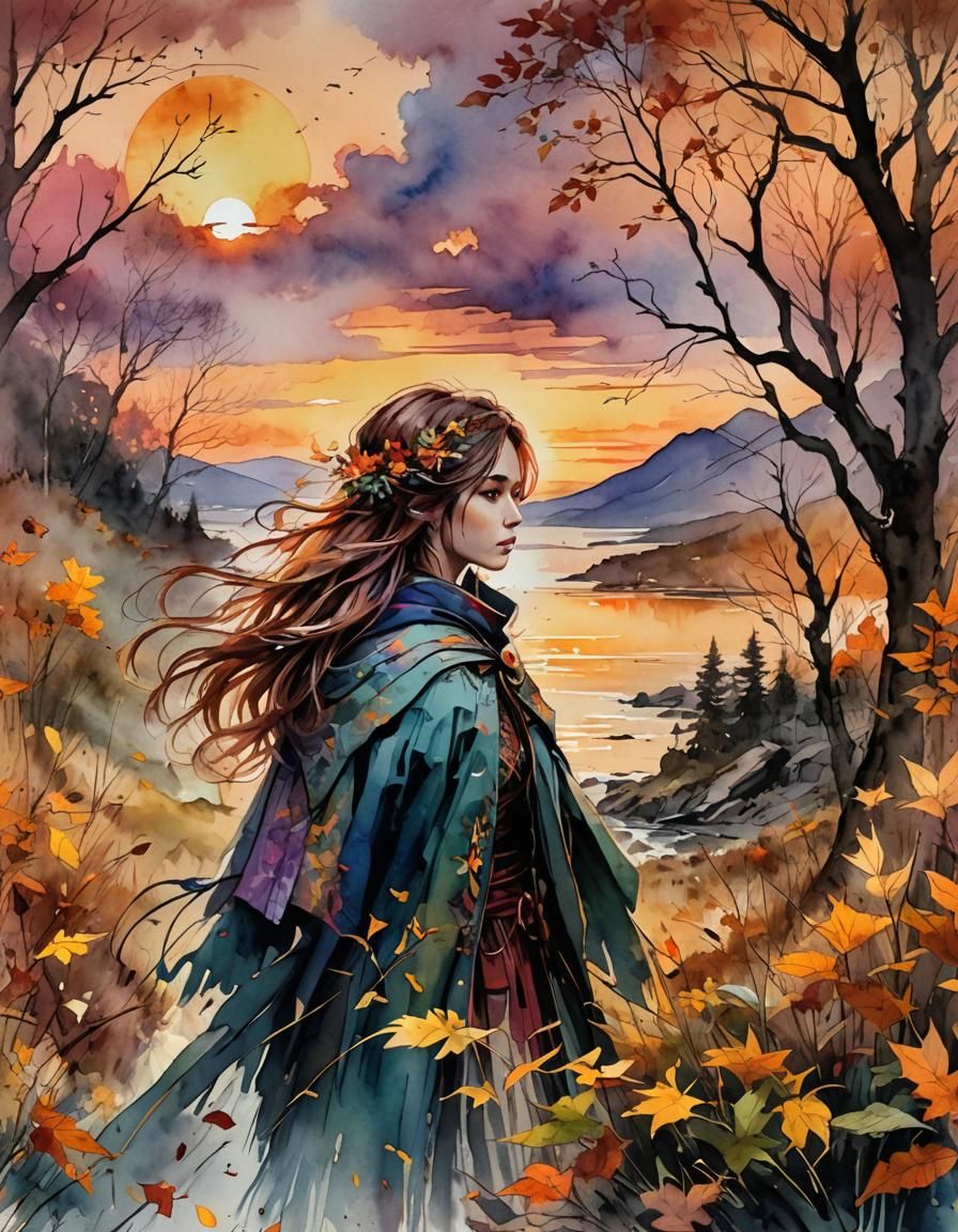 Seasonal Sunset in Digital Watercolor Illustration