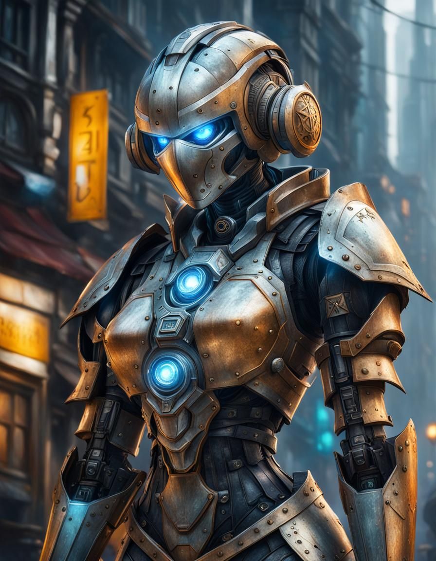 Robot Knight Portrait in Frostpunk Atompunk Style