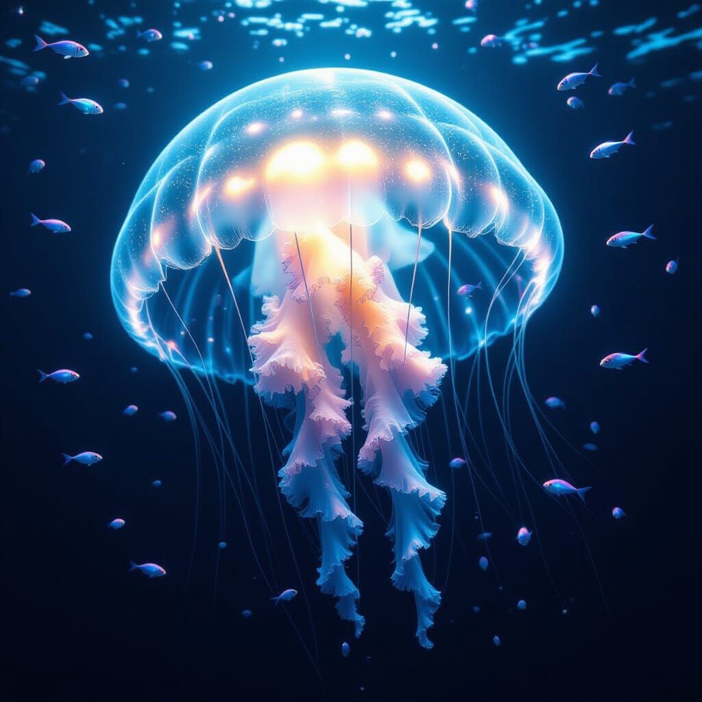 Bioluminescent Jellyfish Drifting Through the Deep Sea