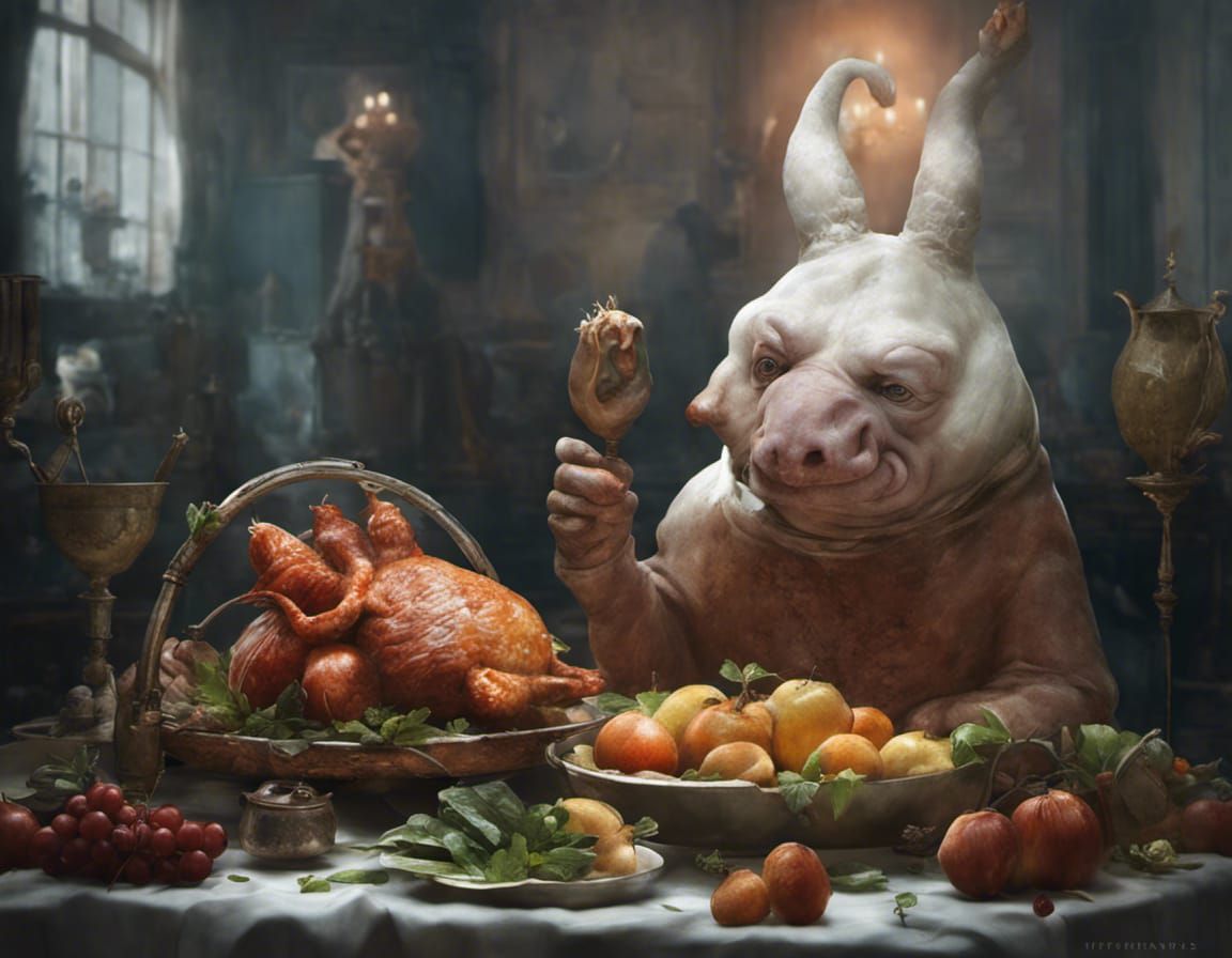 Surreal Restaurant with Bizarre Creatures, Dreamy Art