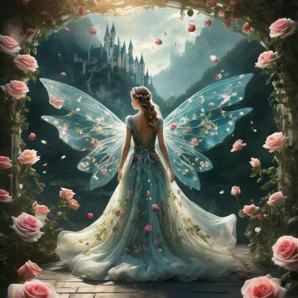 Hyperrealistic Fairy with Roses and Fantasy Landscape