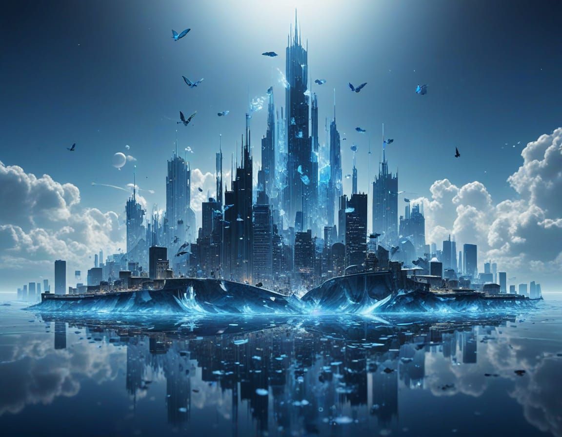 Floating City of Translucent Blue Crystal