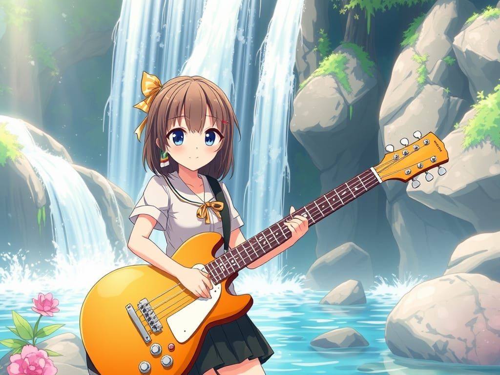 Anime Girl with Guitar at Stunning Waterfalls