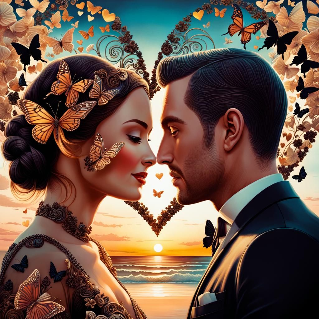 "mail art , love and happy, two parts in one art, double exposure, best quality, dark tales, close up well-dressed happy...