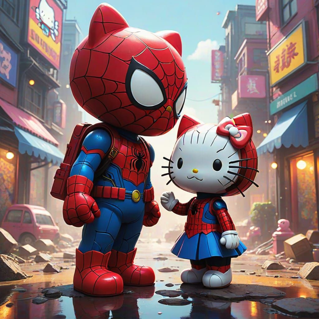 Whimsical Fusion of Sanrio and Marvel in Hyperrealistic Kiss...