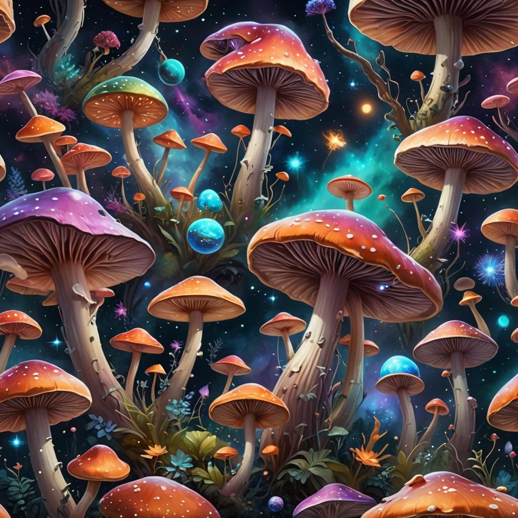 Surreal Giant Mushrooms Float Through Outer Space