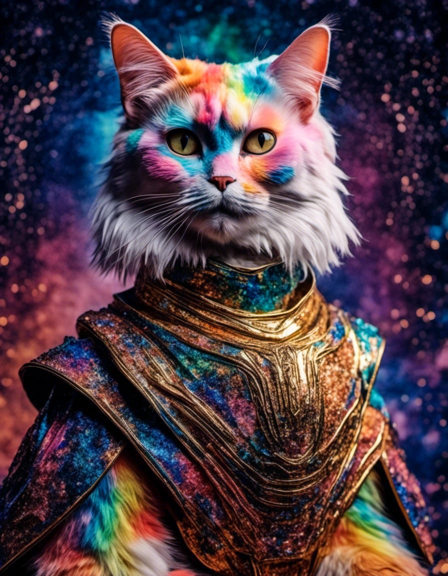 Psychedelic Rainbow Demon Cat Portrait in Ukiyo-e Style