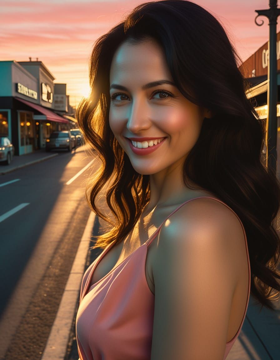 Woman on Street Corner in Surrealist Watercolor