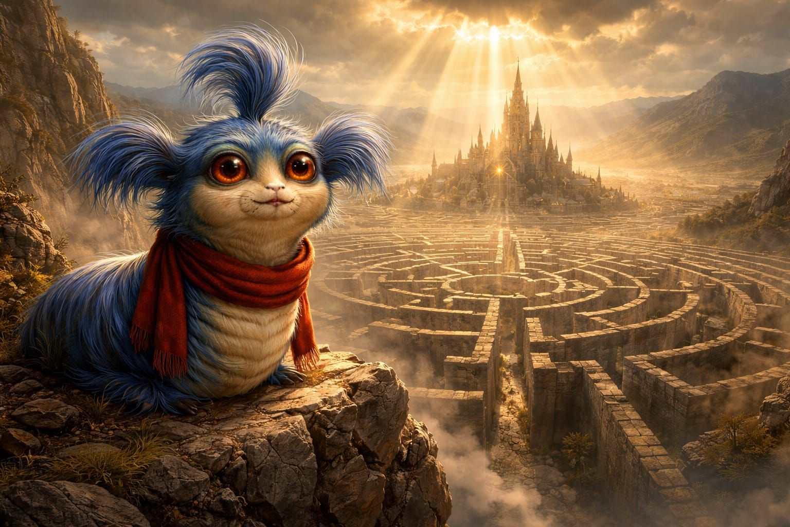 Blue Worm in Scarf on Cliff Overlooking Labyrinth, Digital P...