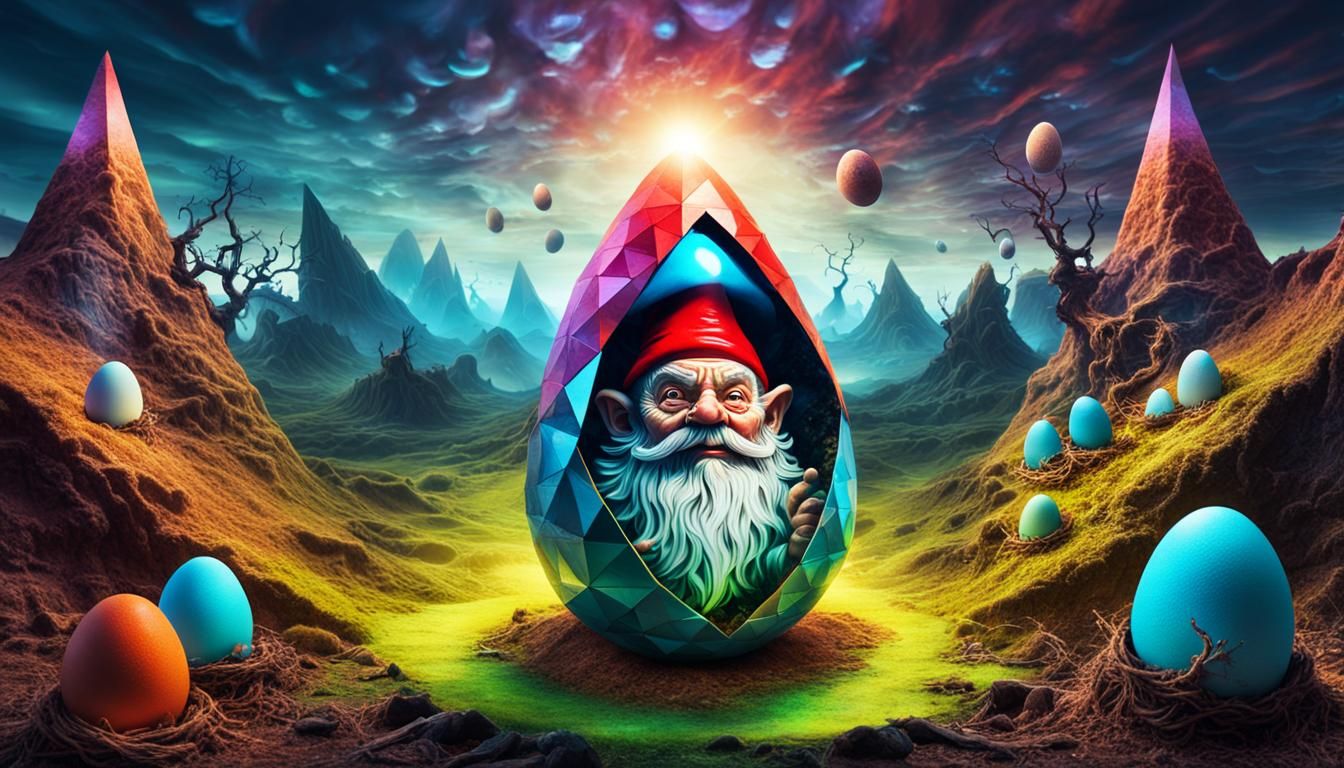Evil Gnome Hatching in Surreal Chromatic Landscape