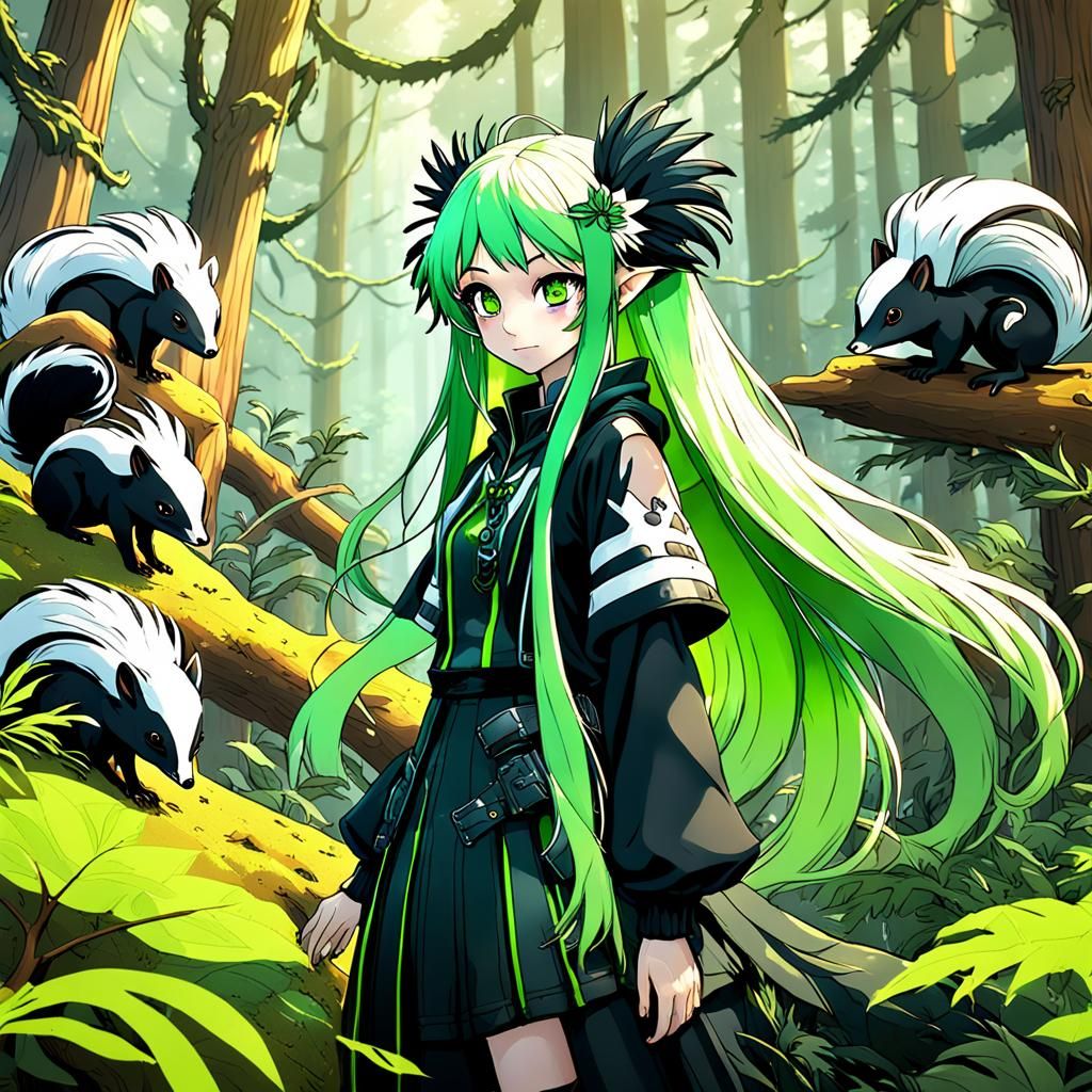 Anime Girl in Evergreen Forest, Detailed Matte Painting