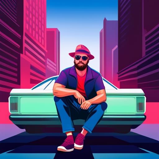 1980s Brunette with Sports Car in Synthwave Style