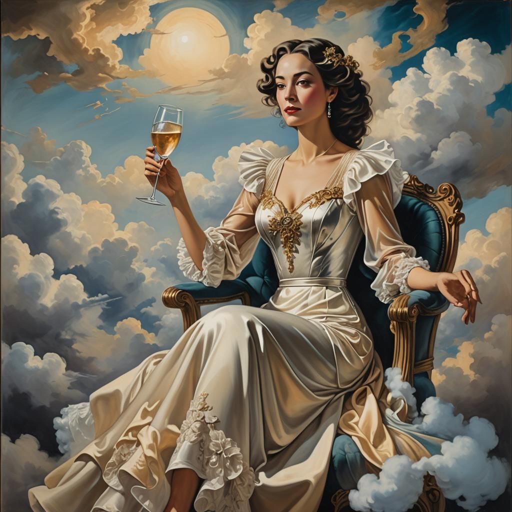 Elegant Woman in Clouds, Art Nouveau Surrealism