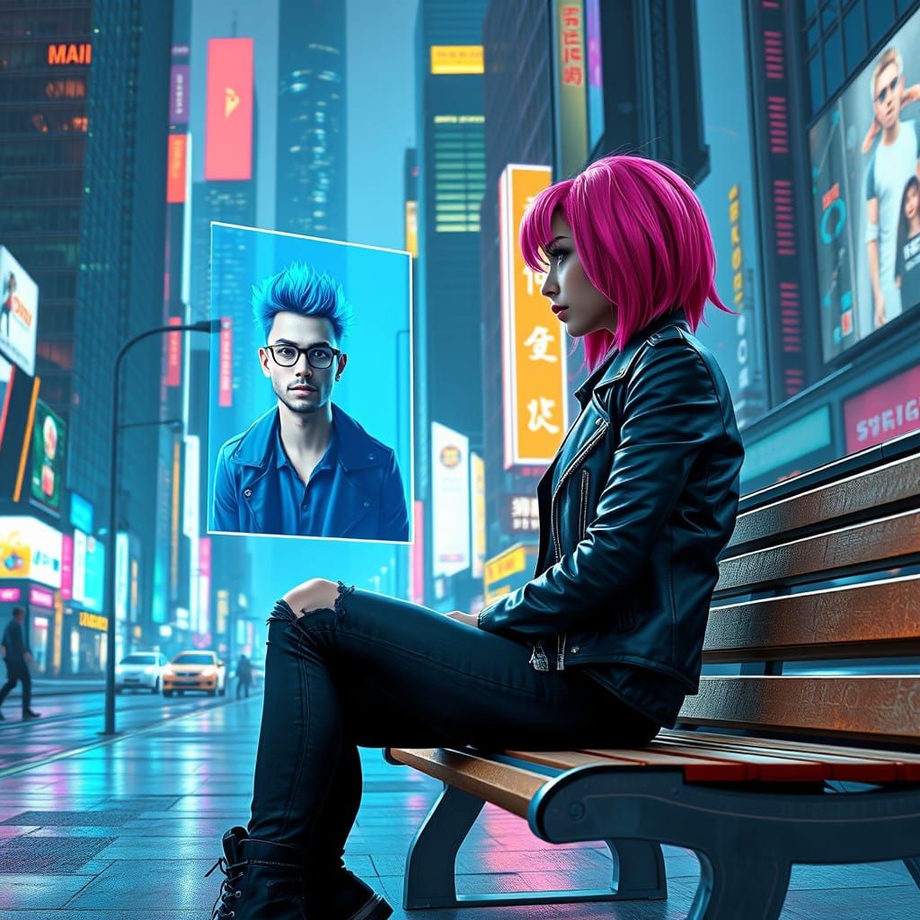 Sleek Cyberpunk Woman Connects with Online Friend in Neon Ci...