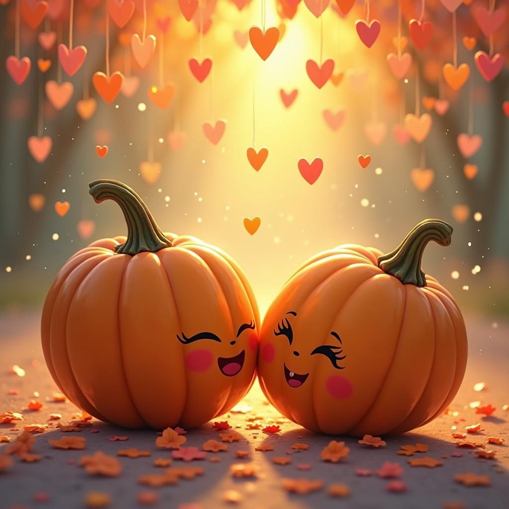 Cartoon Pumpkins Kissing: An Oil Painting