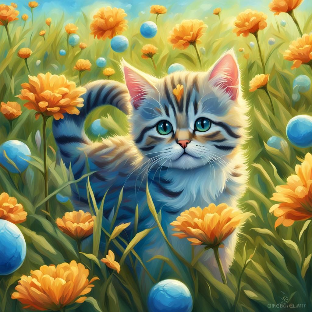 Cute Kitten Plays Ball: Oil Painting