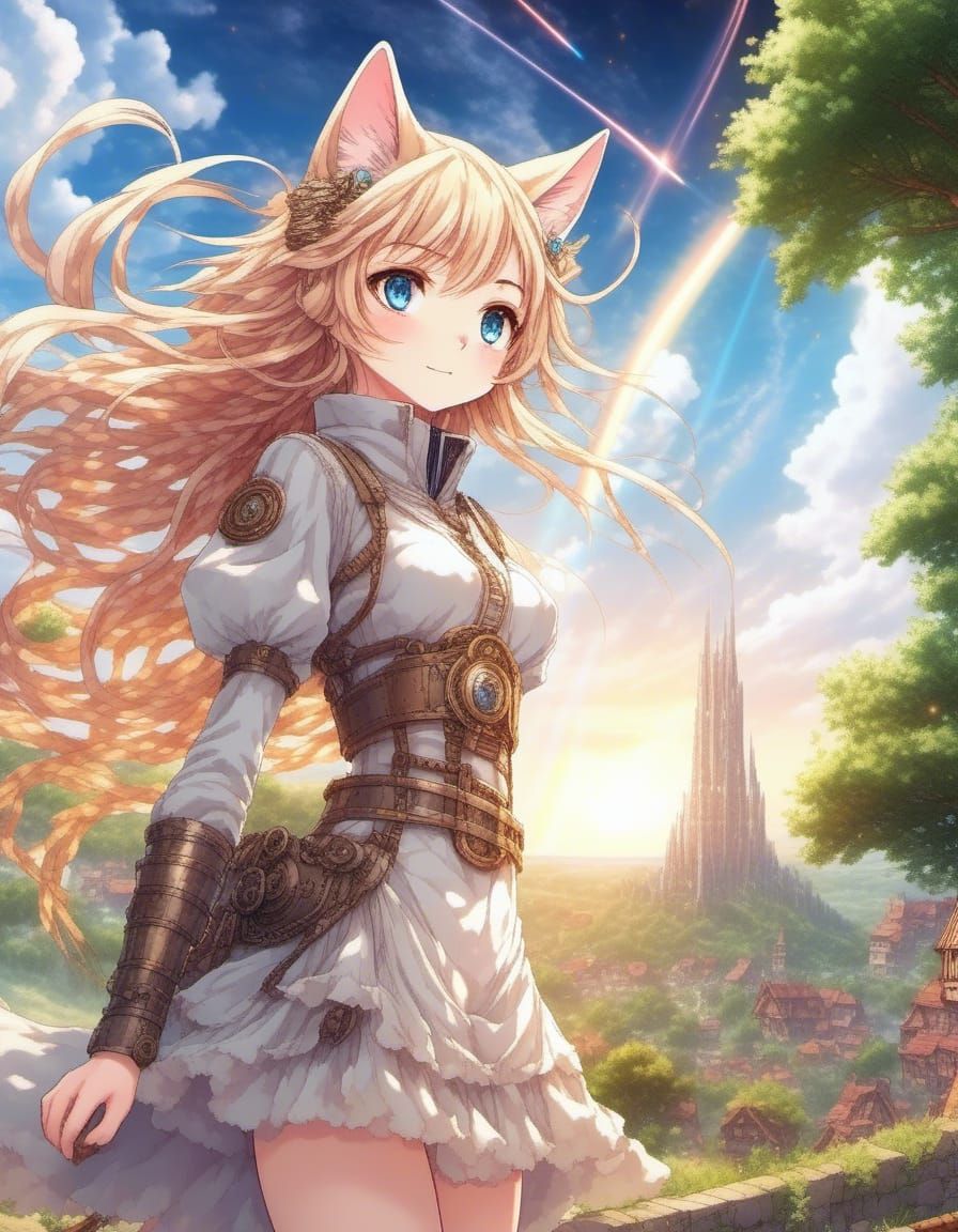 Anime Cat Girl in Medieval Cosmic Landscape