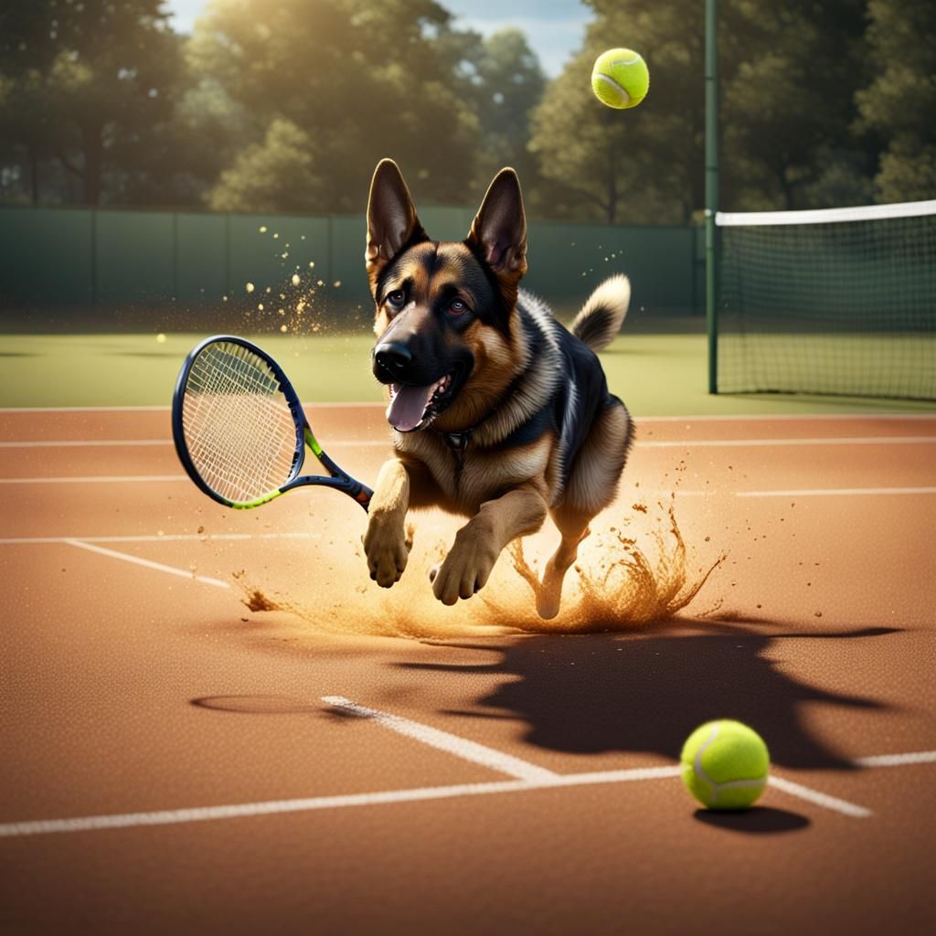 German Shepherd Chasing Tennis Ball: Detailed Digital Painti...