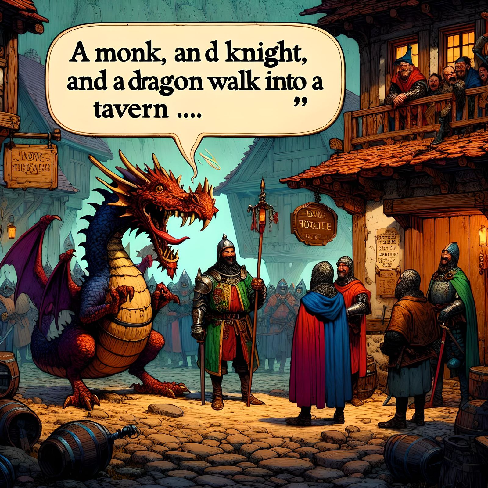 Humorous Dragon Telling Joke to Medieval Knights