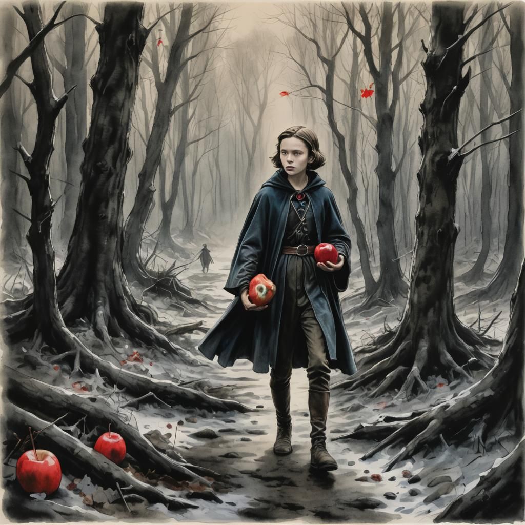 Snow White in Dark Forest Watercolor Painting