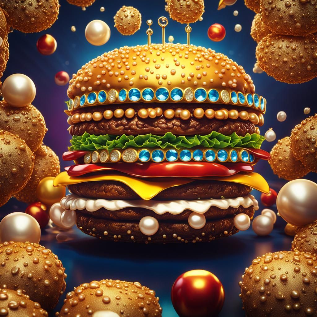 A pop art illustration of a hamburger made of pearls, diamon...