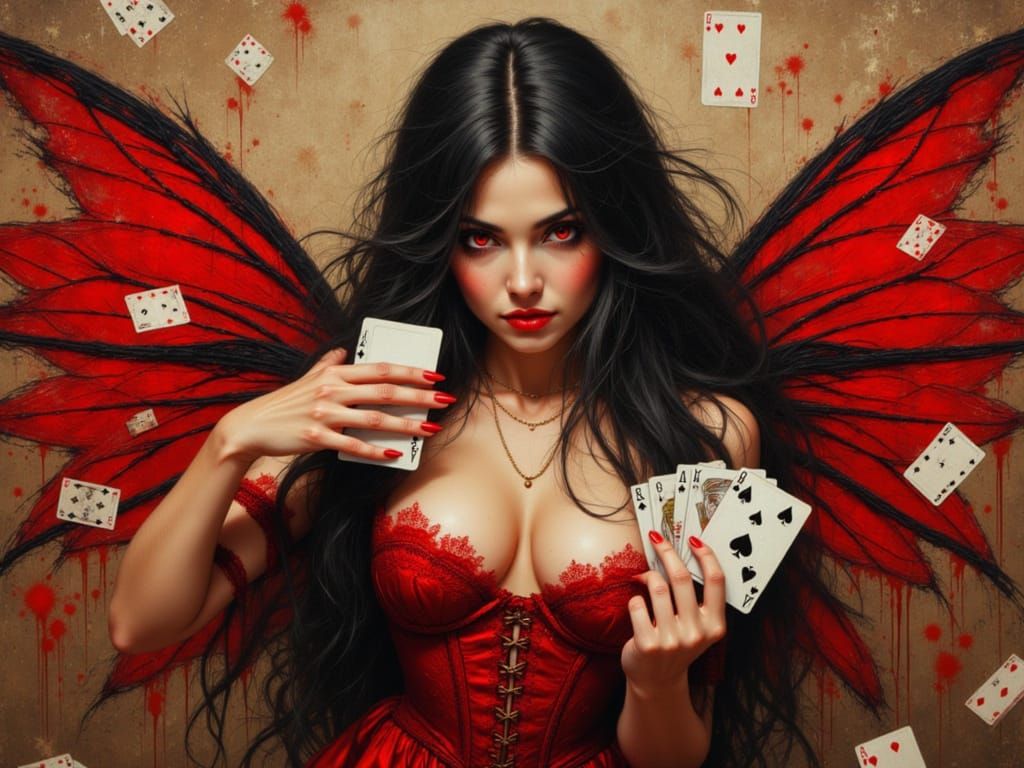 Fierce Fairy with Playing Cards in Impressionistic Oil Paint...