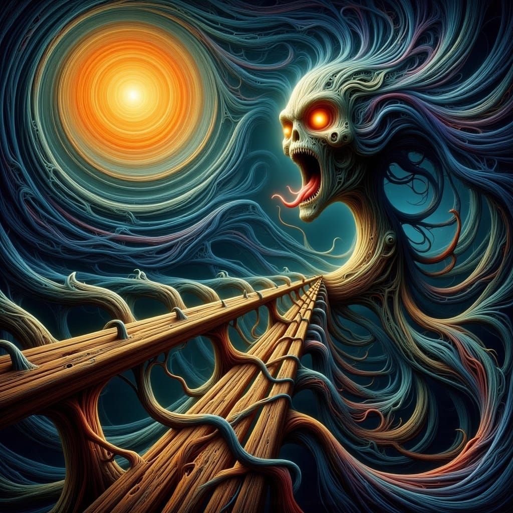 Anthropomorphic Moon Screaming in Psychedelic Fractal Landsc...