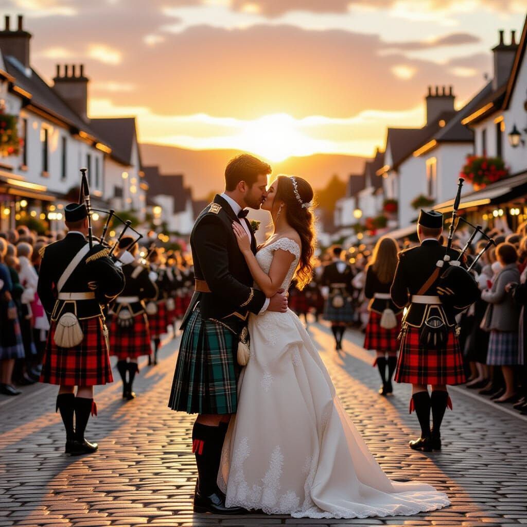 Couple Kissing at Scottish Village Festival in Golden Hour