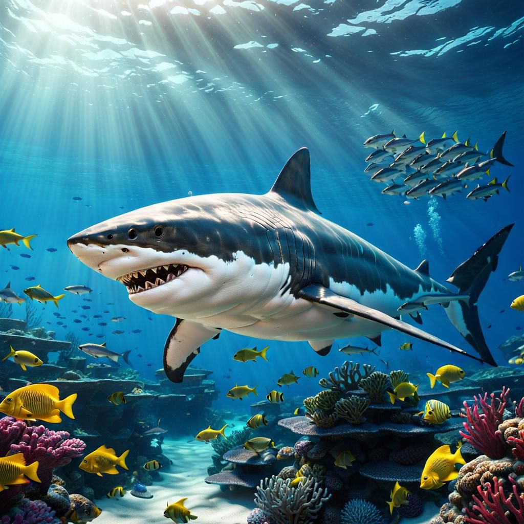 Great White Shark in a Colorful Reef