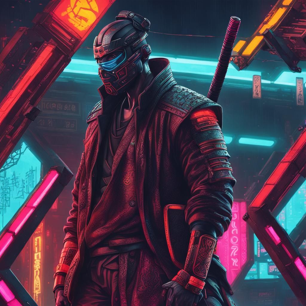 Cyberpunk Samurai in Neon Cityscape