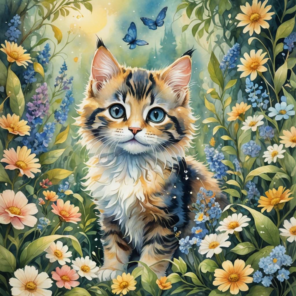 Fantasy Kitten with Wings in Watercolor Style