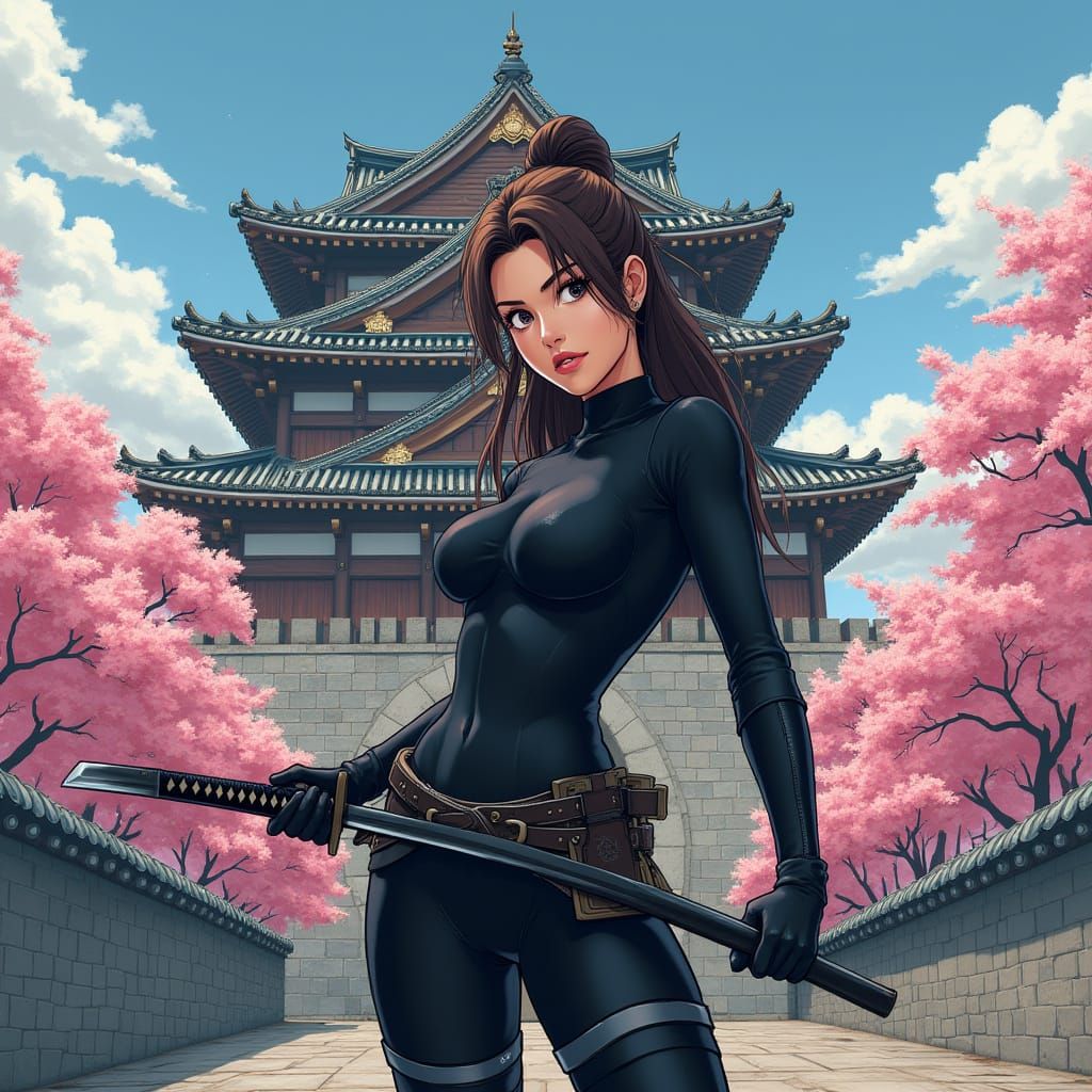 Anime Warrior Woman in Medieval Japanese Castle