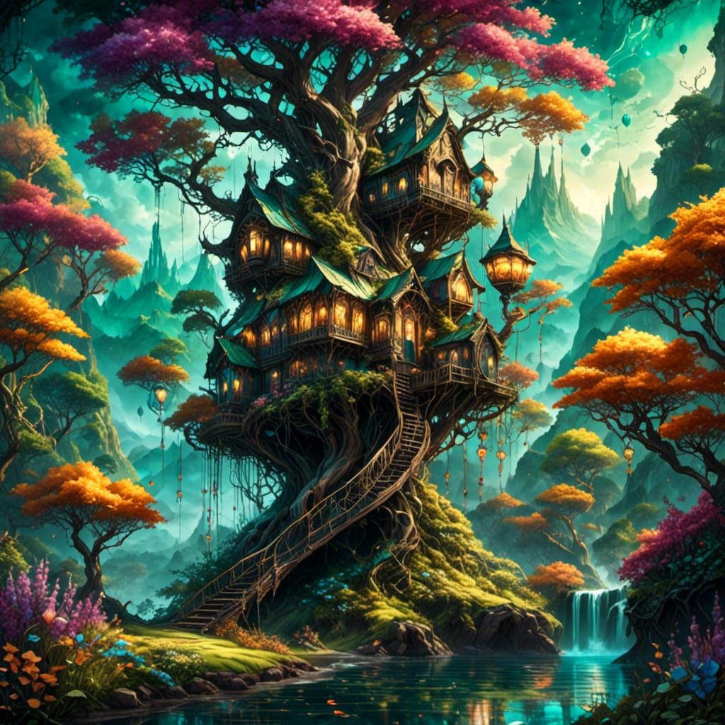 Futuristic Treehouse in Vibrant Fantasy Forest