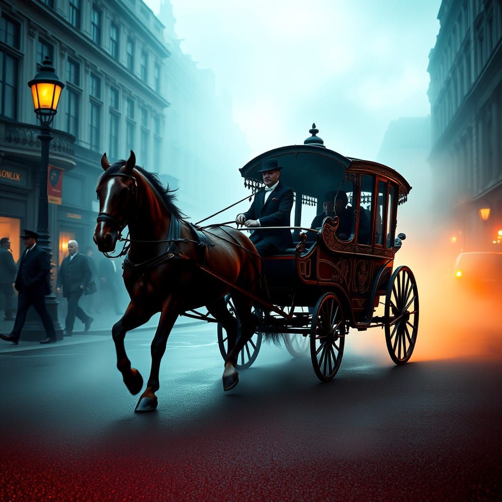 Victorian Carriage Departs Foggy London: Art Nouveau Style