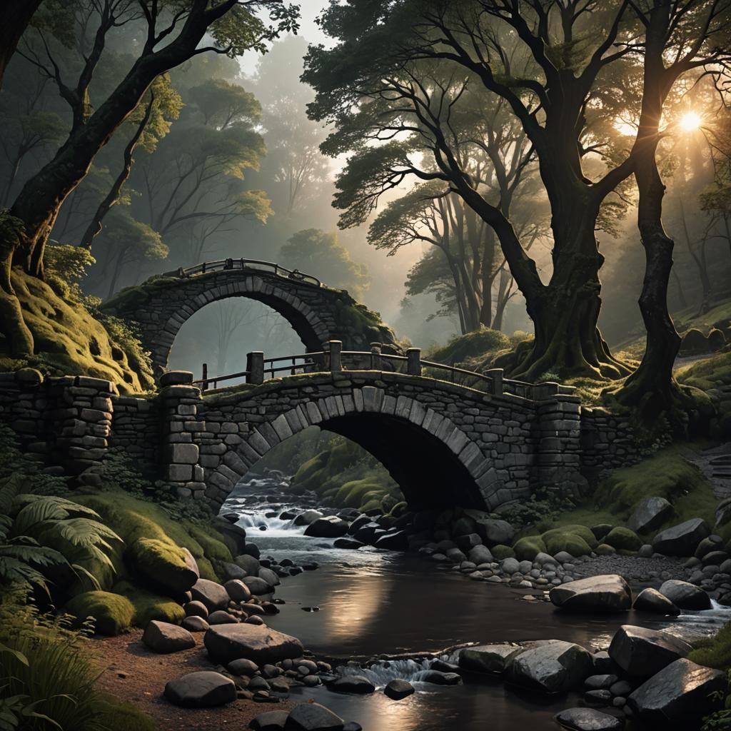 a rougher cross hatch image of an arched stone bridge over a stream and a forest path with more darks and lights in blac...