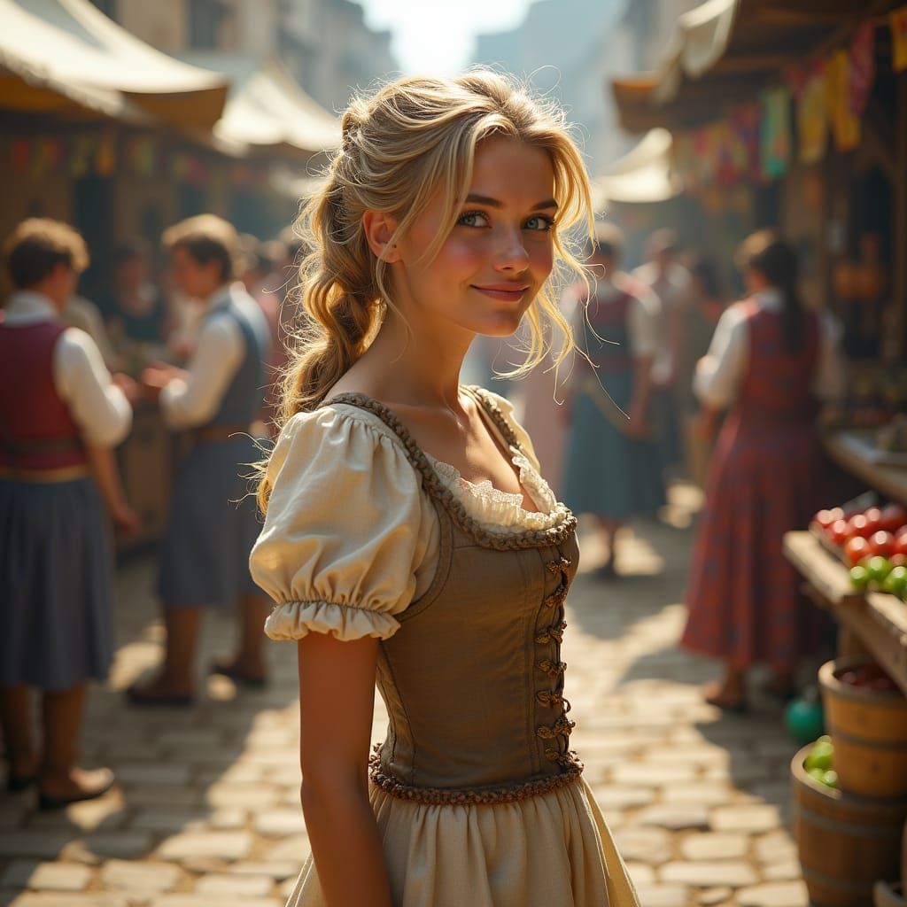 Medieval Peasant Woman in Whimsical Fair Scene