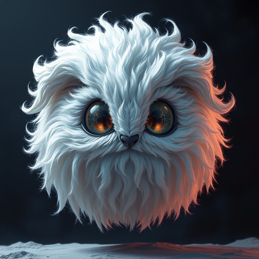 Mystical, Snow-White Sphere with Shimmering Eyes in a Dark F...